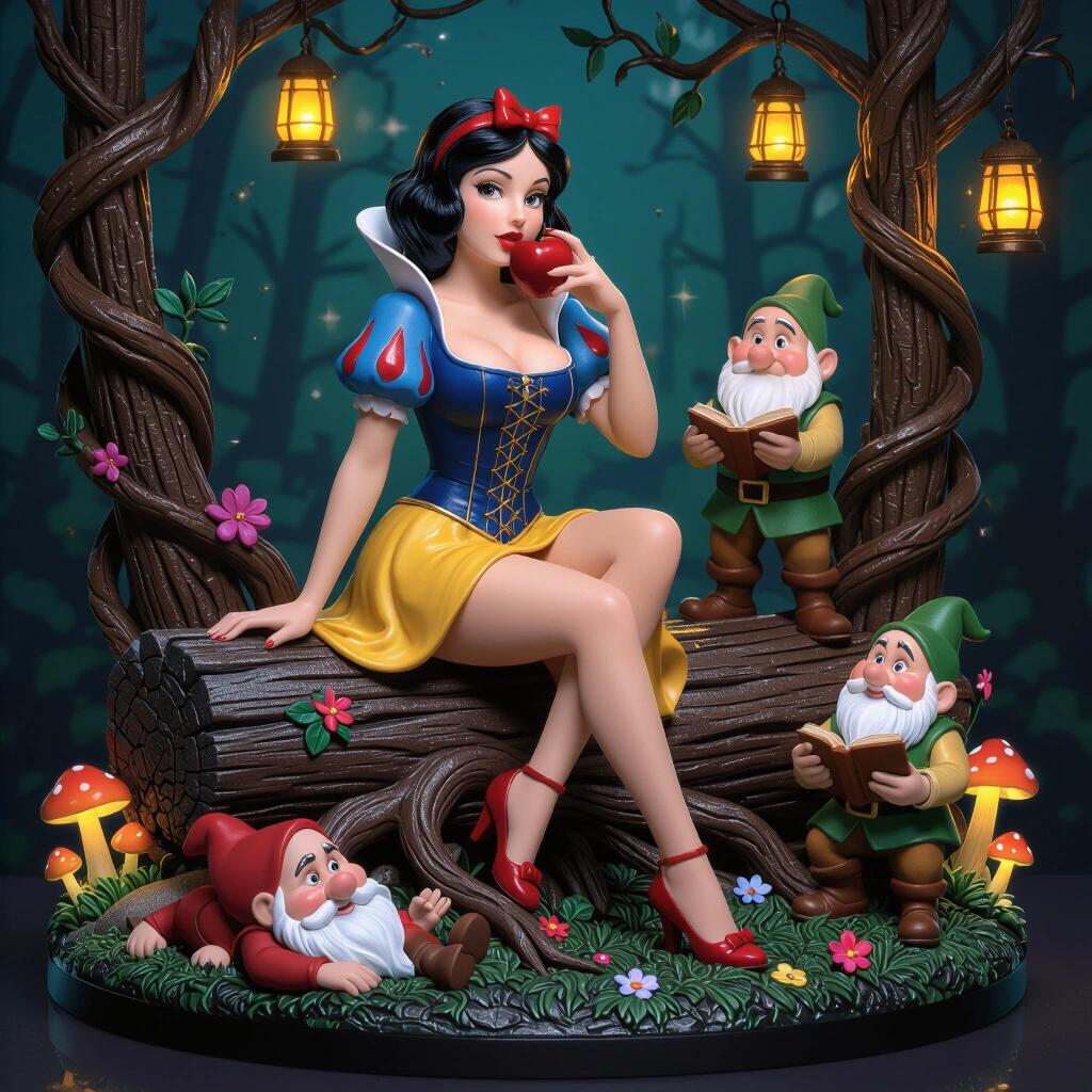 Detailed resin figure of Snow White sitting on a log surrounded by dwarves. She holds a red apple in a provocative pose. Crossed legs and a tight dress create a sensual appearance. The scene has glowing mushrooms hanging lanterns and tangled roots.