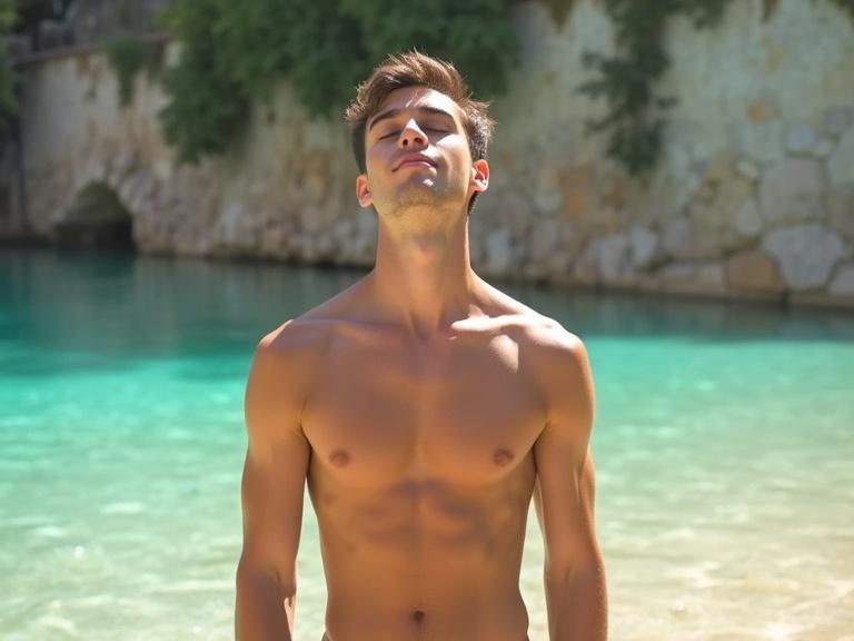 Full body picture of a young man tanning in a natural setting by the water