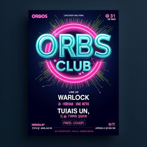 Flyer design for techno event with a futuristic and eye-catching style. Dominant neon colors against a dark background. Dynamic composition featuring sci-fi elements like light circuit lines and abstract geometric shapes. Central focus on 'ORBS CLUB' title in bold neon font with glow. Date '31 de Mayo' underneath in readable font. Central section for 'LINE UP' with names of DJs. Bold 'FREE COVER' for visibility. Address 'CR 13 # 64-49 ORBS CLUB' in legible font at the bottom. 'APERTURA 6:00 PM' shown last. Hyper-realistic render with high-quality 3D lighting.