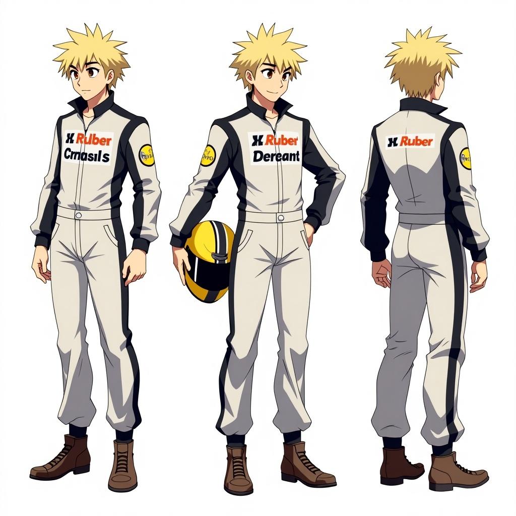 Character sheet features male character in anime style. Character has shaggy blonde hair, black eyebrows and brown eyes. Outfit is racing suit. Views include front, side, and back. Character holds racing helmet. Character exudes confidence and outgoing nature with defying and sassy expression.