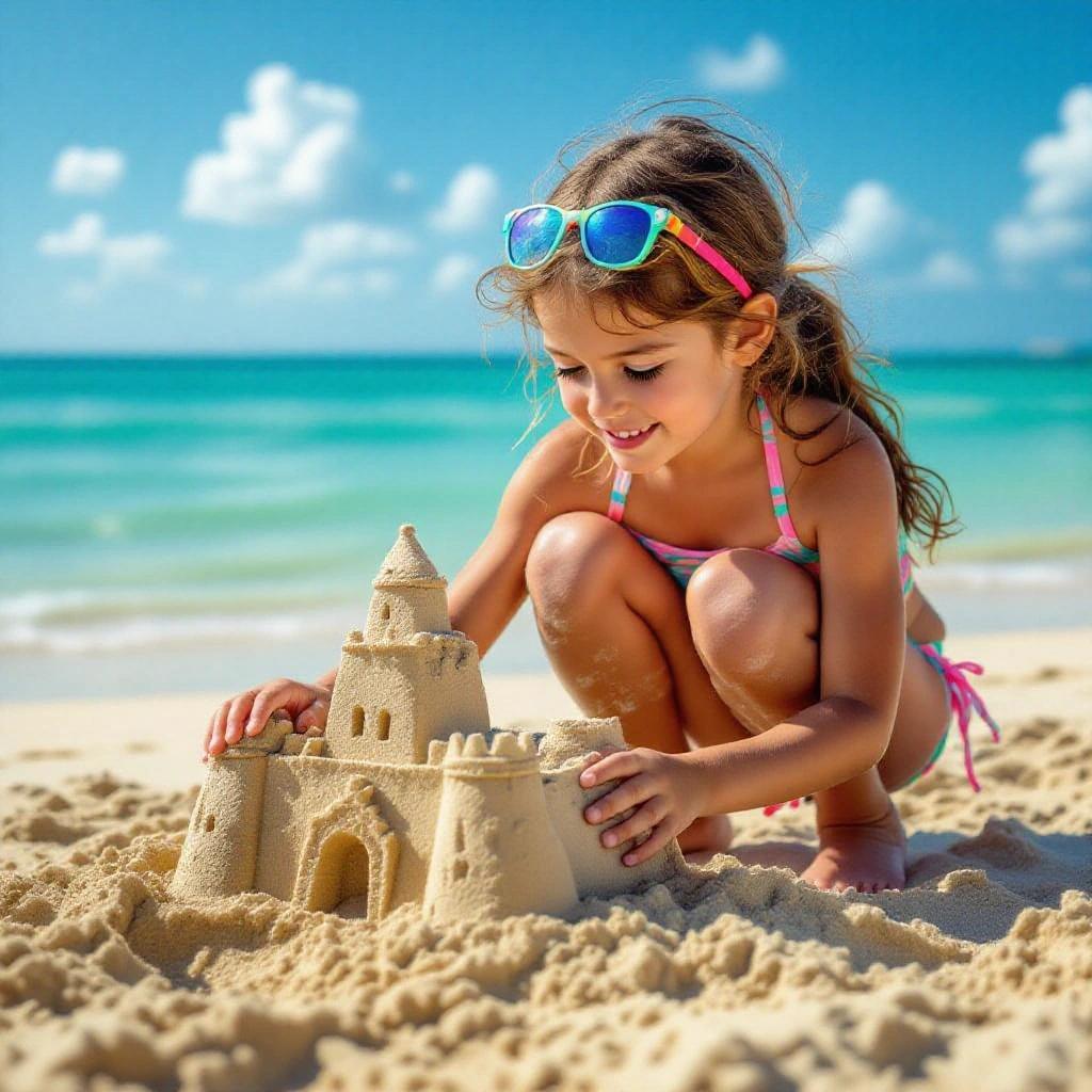 Young girl in a bikini building a sand castle at the beach with blue ocean in the background. She is smiling and engaged in play.