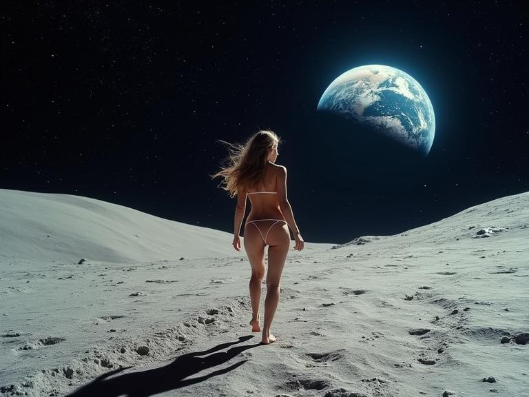 A woman in a bikini walks on lunar soil. The Earth is visible in the night sky. The scene conveys a sense of exploration and freedom.