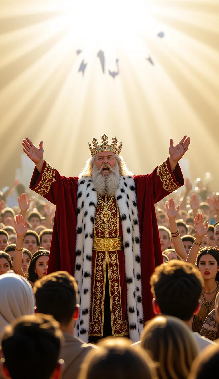 The king stands majestically with arms raised. Crowds of people celebrate around him. Sunlight beams down dramatically from behind. The scene reflects joy and reverence. The king wears a crown and regal attire adorned with fur.