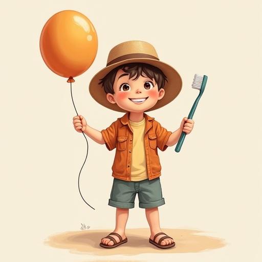A little boy in summer attire stands cheerful. He has a straw hat and a balloon in one hand. He holds a toothbrush in the other hand. The overall color scheme consists of brown and white tones.
