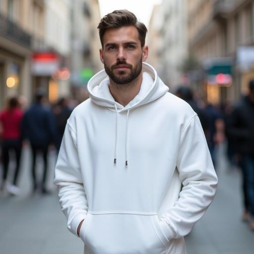 A handsome man stands confidently in a white hoodie. He poses full body against a blurred background with people walking. The photo is styled for a clothing brand.