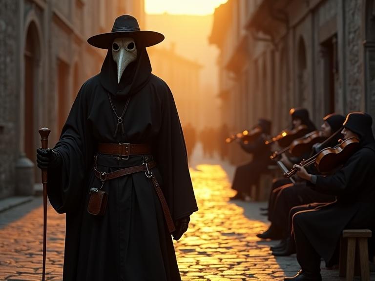 Highly detailed photorealistic image of a medieval plague doctor on a dimly lit street at sunset. Doctor wears black robe and beaked mask. His face is obscured by the mask with breathing holes. Holds a wooden staff and a sharp lancing tool. Street is gothic with golden sunset light casting shadows. Background features old stone building with arched windows. String octet plays music on right side. Scene has tense unsettling atmosphere with shadows and golden light.