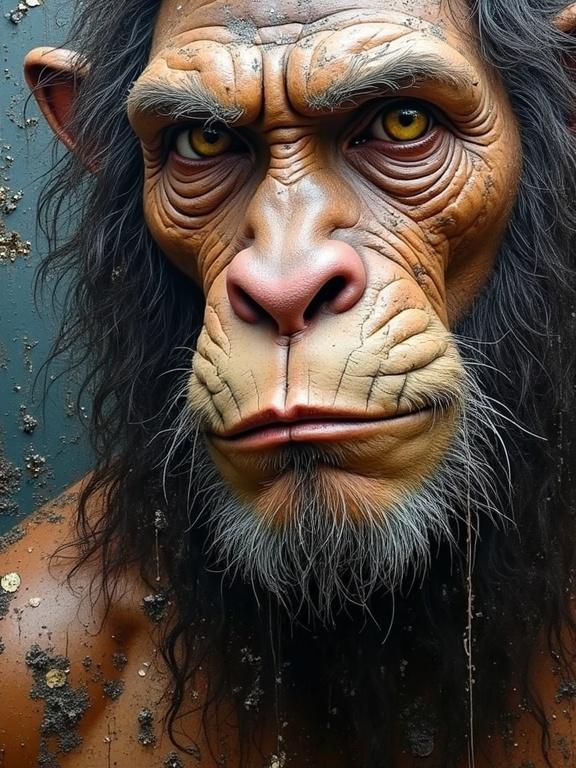A stylized representation of a gorilla-like figure resembling the character Tarzan. Features include oil painting texture with mixed media elements. Faces showcases dark colors with intricate textures and layering. Emphasis on depth and surface feel through various materials like ash and newspaper. The composition is expressive and captivating.