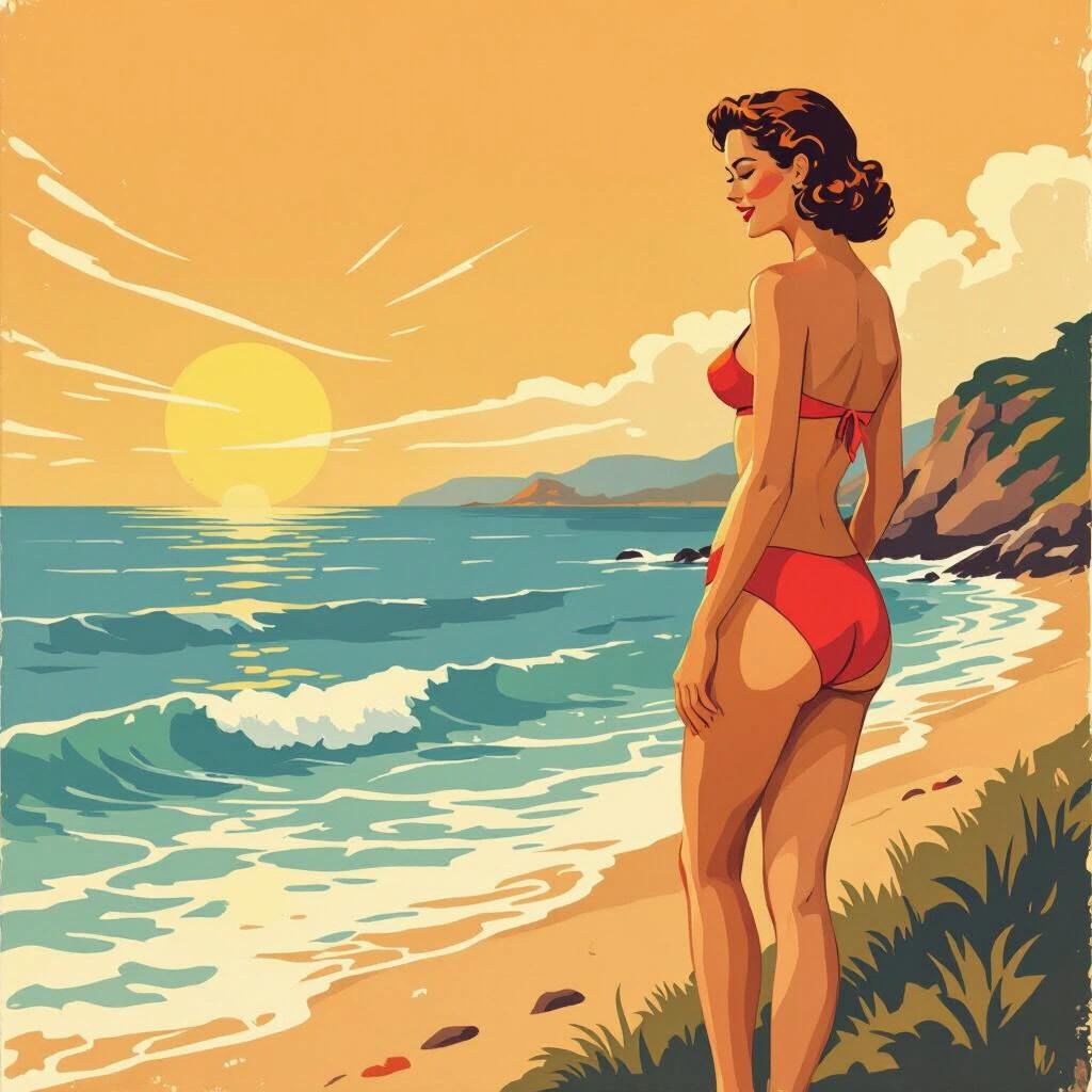 Vintage beach poster featuring a stylish woman in a bikini by the ocean during sunset. The scene captures the warmth of the sun setting over the water.