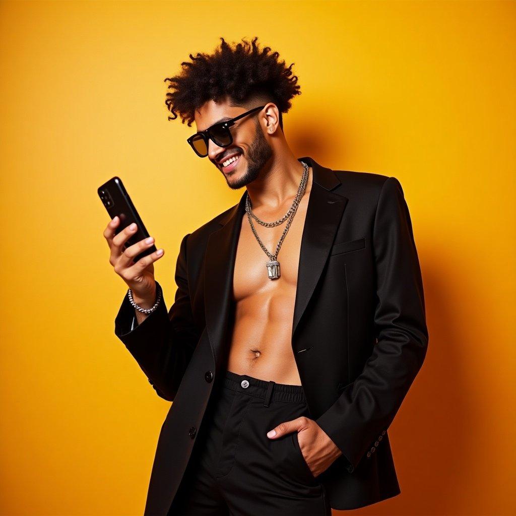 A confident stylish sexy creator holding a phone while looking at the camera. Warm yellow background complements the sleek black outfit. The creator exudes charm and allure with a seductive posture.