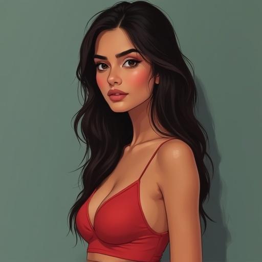 Illustration of a fit Indian girl with a defined jawline and dark eyes. She has medium-sized breasts and wears a red top. The background is a muted green color.