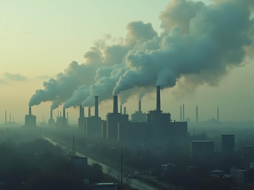 This image presents a dystopian view of industrial buildings lined up in the distance. Towering chimneys emit thick, dirty smoke that billows into the sky. The scene captures a sense of decay and pollution, highlighting the environmental impact of industrial activities. Muted colors create a somber atmosphere, enhancing the cinematic effect. The overall composition invites contemplation about industrialization and its consequences on the planet.