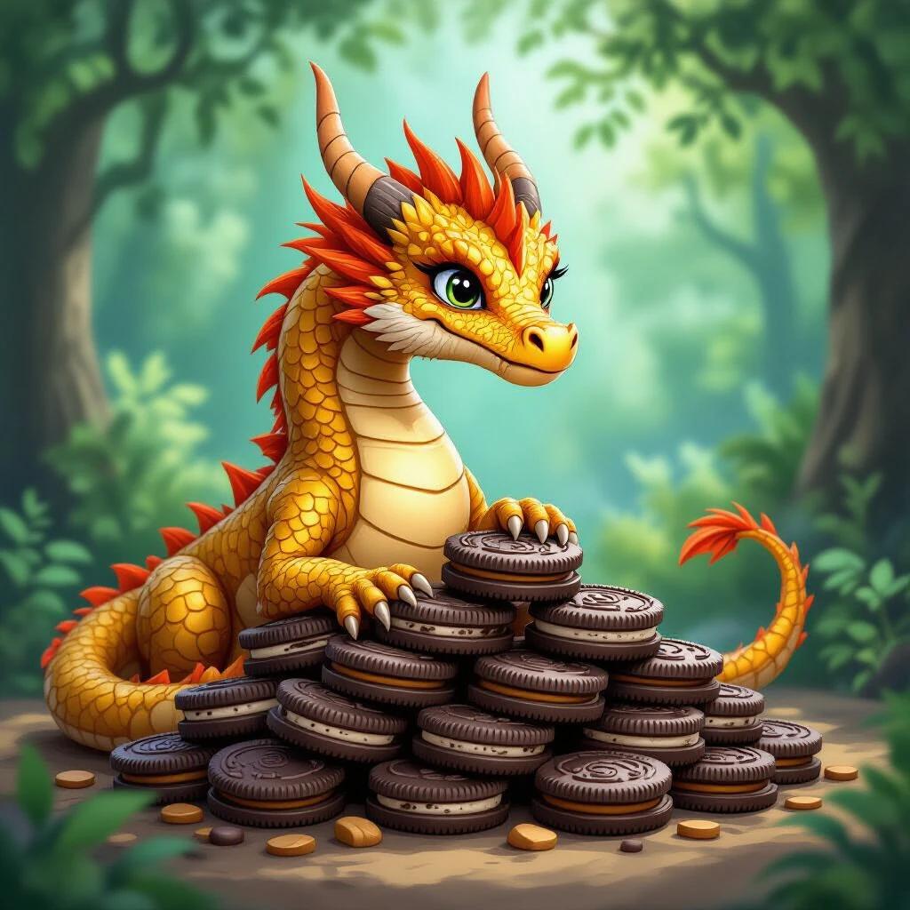 Fantasy scene with a playful golden dragon guarding a pile of Oreo cookies. The dragon has vibrant scales and details. The background features a soft-focused lush forest. The cookies appear as treasures.
