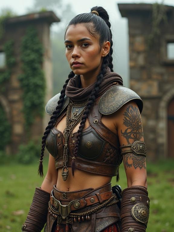 Photorealistic full-body portrait of female warrior in post-apocalyptic society. Complex hand-crafted battle uniform made of leather and iron. Detailed armor with bronze symbols. Tribal tattoos on skin. Solemn face with braided hair. Holds short iron blade and parrying dagger. Background features ivy-covered ruins and stone walls. Warm diffused light in cinematic style. No fantasy or modern elements.
