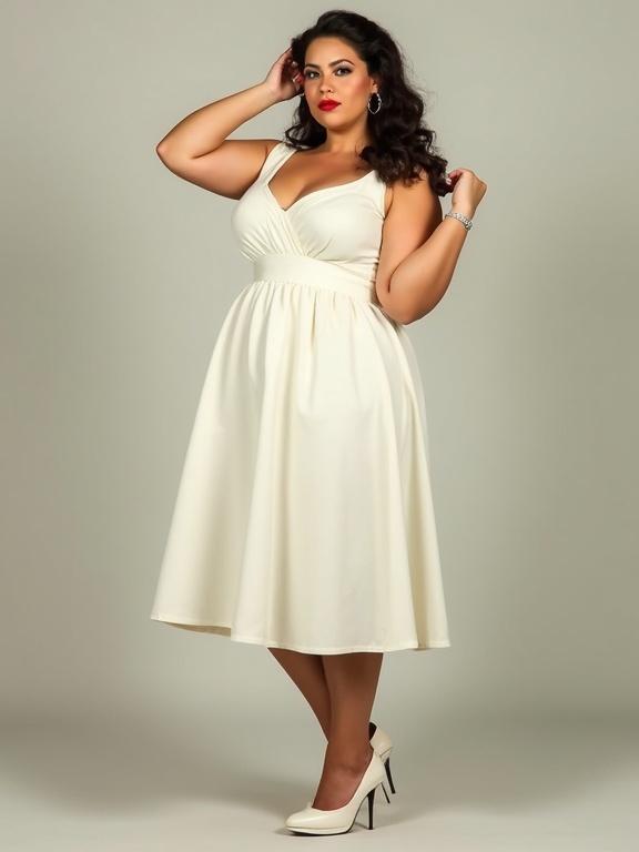 Vintage style woman poses in a white dress and heels. She stands with hands in her hair, showcasing her curves. The dress has a fitted bodice and a flowing skirt.