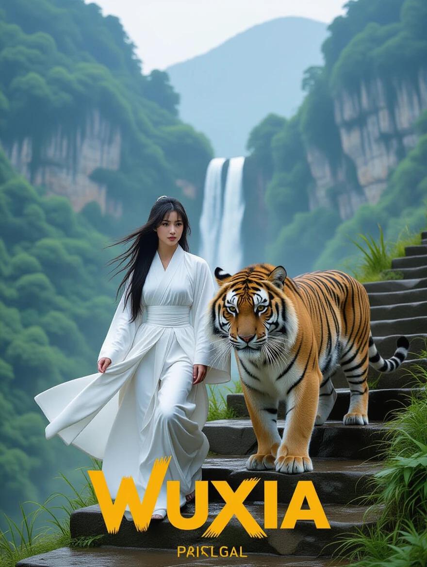 Woman in white clothes walks downstairs with a tiger. Lush mountain scenery with a waterfall in the background. Poster designed in 80s style.