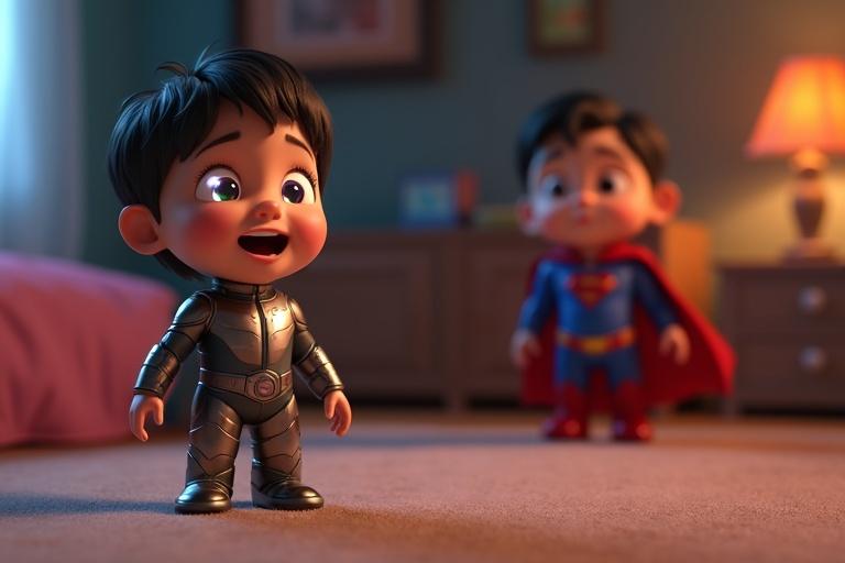 A poignant 4K ultra-HD 3D animated scene features a young boy with excitement wearing a glowing metallic outfit that hovers. A superhero figure in the background with a sad expression. The setting is a children's bedroom with toys.