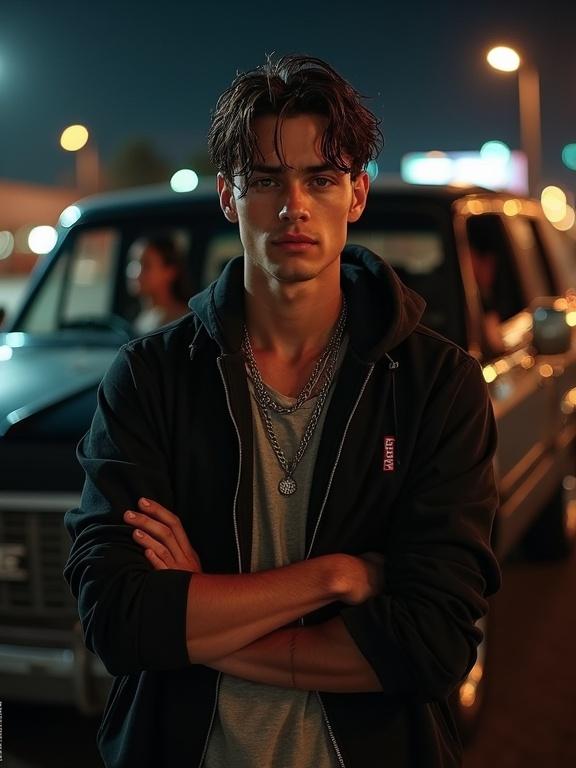 Portrait of a confident young man at night in front of a black car. He has wet hair and layered necklaces. He stands with arms crossed and an intense gaze. The background is a blurred street with warm lights. Two women emerge from the car. The lighting is cinematic and moody.