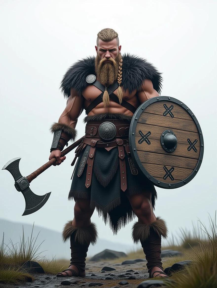 A very realistic berserker male viking warrior. He stands strong holding an axe and shield. He has a braided beard and wears a fur-trimmed outfit. The environment is rocky with a misty atmosphere. The focus is on his muscular build and combat readiness.