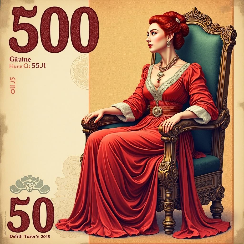 Currency note design featuring a powerful empress with red hair seated on her throne. Denomination of 500 displayed prominently. Elegant attire with rich colors. A contemporary artistic interpretation of currency.