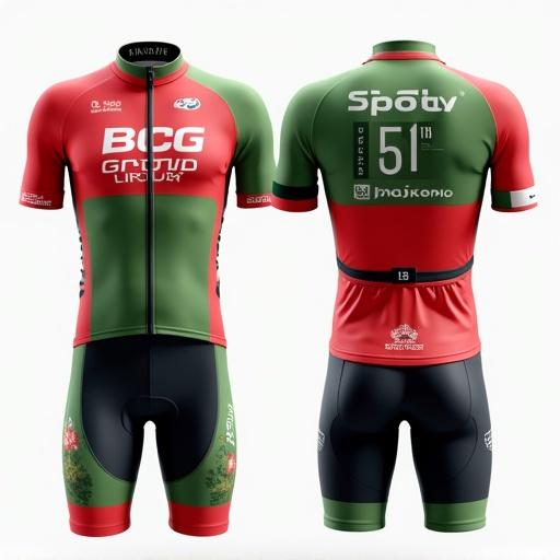 Professional cycling kit features vibrant colors with the Portuguese flag on one sleeve. Rider's name on left breast highlights team spirit. BCG Group name represented, embodying cycling culture and competitiveness.