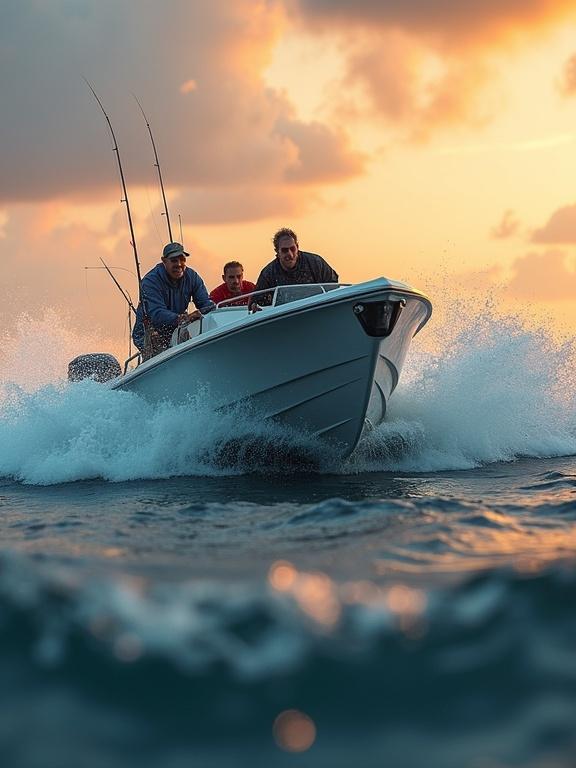 A small fishing boat speeds away through rough ocean water. Scared fishermen on board exhibit intense expressions. A large shark's dorsal fin is visible, creating splashes behind the boat. The scene captures a fast chase. Sunset lights create a dramatic atmosphere. Image showcases high detail and realistic portrayal in 4K resolution.