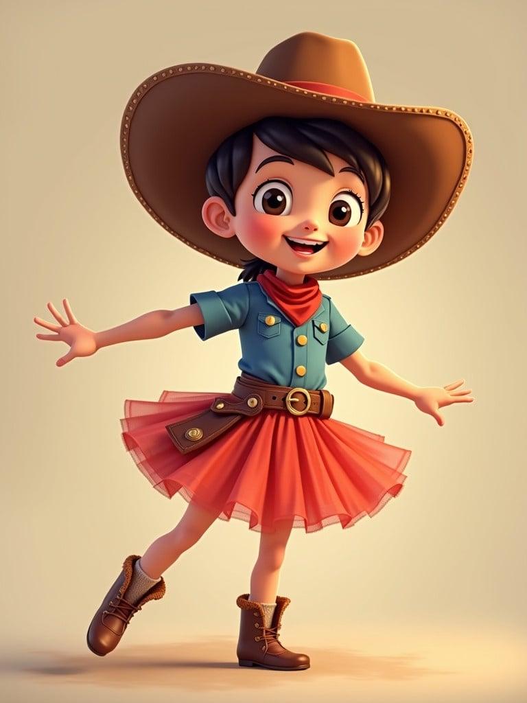 Character wearing western hat. The character is in a bright ballet tutu. Displaying a playful pose. No background is present.