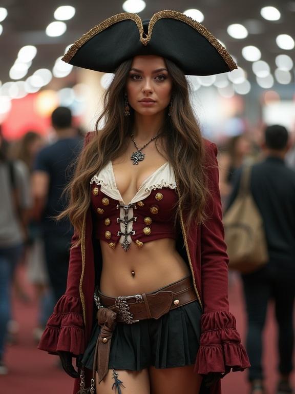 A stunning woman in pirate cosplay at a crowded convention. She has a slim waist and is wearing a micro skirt with thigh-highs. The outfit highlights her cleavage and navel. The atmosphere is filled with attendees around her. The image is low resolution and has a pixelated appearance with bright and unnatural colors created by filters. The photo reflects the style of early Instagram aesthetics.