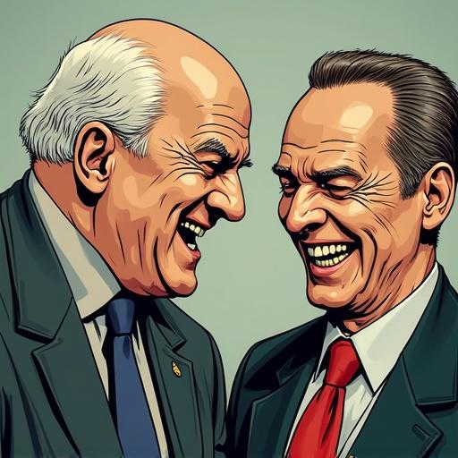Friedrich Merz and Kanzler Scholz in a comic-style illustration. Both men display big smiles, portraying a moment of joy and camaraderie. The artwork captures a significant political encounter. Retro color palette enhances the cartoon aesthetic.