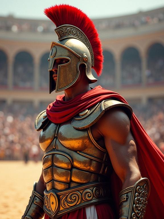Digital illustration of a Spartan warrior in a grand arena. Warrior wears decorated armor and a red cape. The scene features vivid colors and textures.