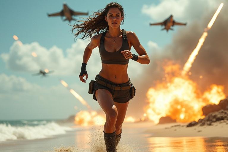 Scene of chaos on beach while fighter jets attack. A woman runs in tactical gear. The beach is being bombed. She moves quickly to avoid explosions. The action is intense and cinematic, showing survival instincts.