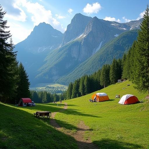 Campside in Schladming featuring colorful tents with a backdrop of the Dachstein massif. Surrounded by lush greenery under a clear blue sky. Paths lead through the campsite.