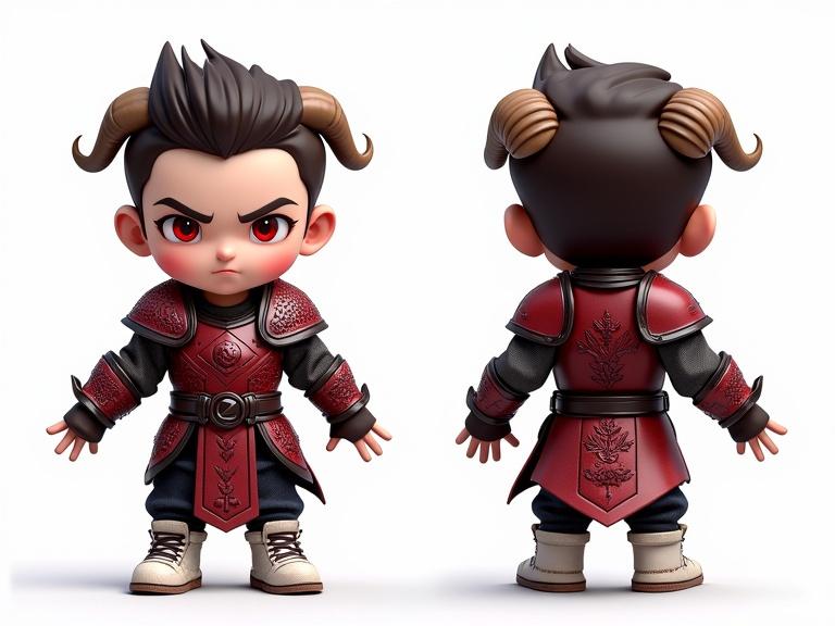 Realistic full-length model sheet of a chibi warrior in T-pose. Character has a compact, menacing build. Fair skin with detailed texture. Short dark brown hair and glowing red eyes. Wears burgundy armor with sharp goat horns and leaf engravings. Glossy armor with ominous reflections. Footwear is white Converse-style boots. Two views: front and side. Neutral studio lighting with soft shadows. High-resolution photography style.