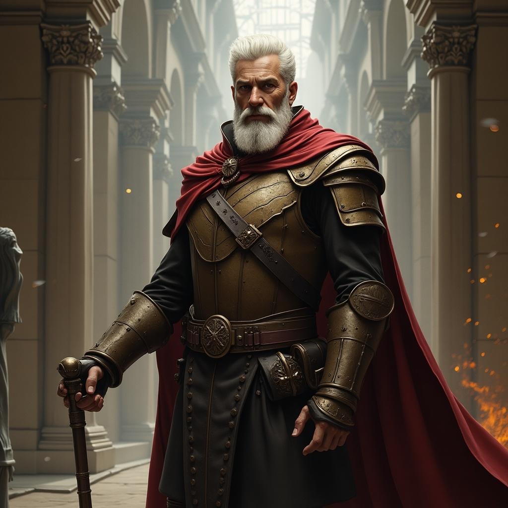 The image depicts a powerful warrior standing in a grand hall. He has a majestic presence, clad in intricate armor and a flowing red cape. His beard is distinguished and he holds a sword, exuding strength and authority. The background features towering columns and a soft light illuminating the space. There are elements of fire in the background, suggesting a dramatic context. This character embodies the archetype of a heroic figure in a medieval fantasy setting.