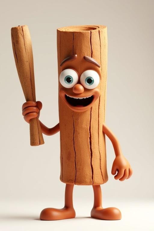3D model of an anthropomorphic cinnamon stick character. Texture of cinnamon bark visible. Character has expressive cartoon eyes, defined nose, mouth, and is posed dynamically. Studio lighting. Stick baseball in right hand.