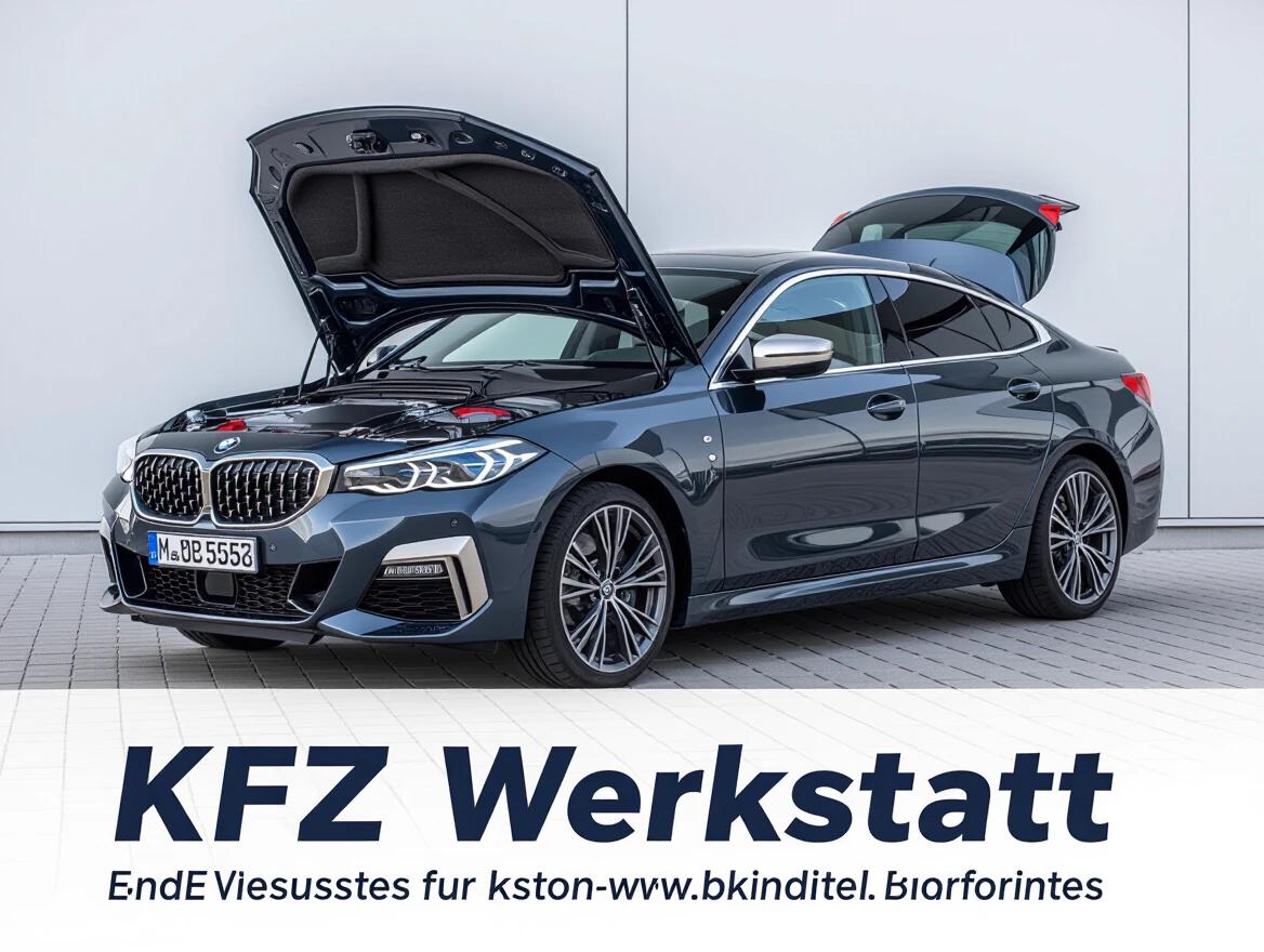 Show a BMW car in a garage with its hood open. Emphasize the car's details and the workshop environment. Include text for KFZ Werkstatt.