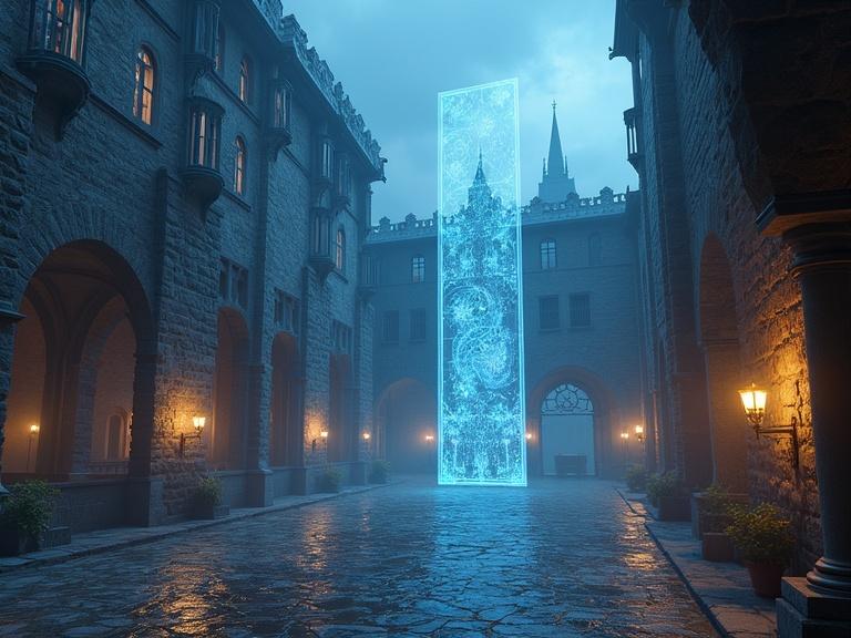 A medieval castle courtyard is depicted. A vertical hologram is projected in the center. The scene features stone buildings and a soft ambient glow. The atmosphere is mysterious and enchanting.