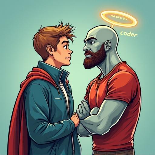 Illustration of two characters facing each other. One character is a coder in a red shirt with a beard. The other character is a young man in a blue hoodie with a red cape. There is a halo above the coder labeled 'vibe coder'.