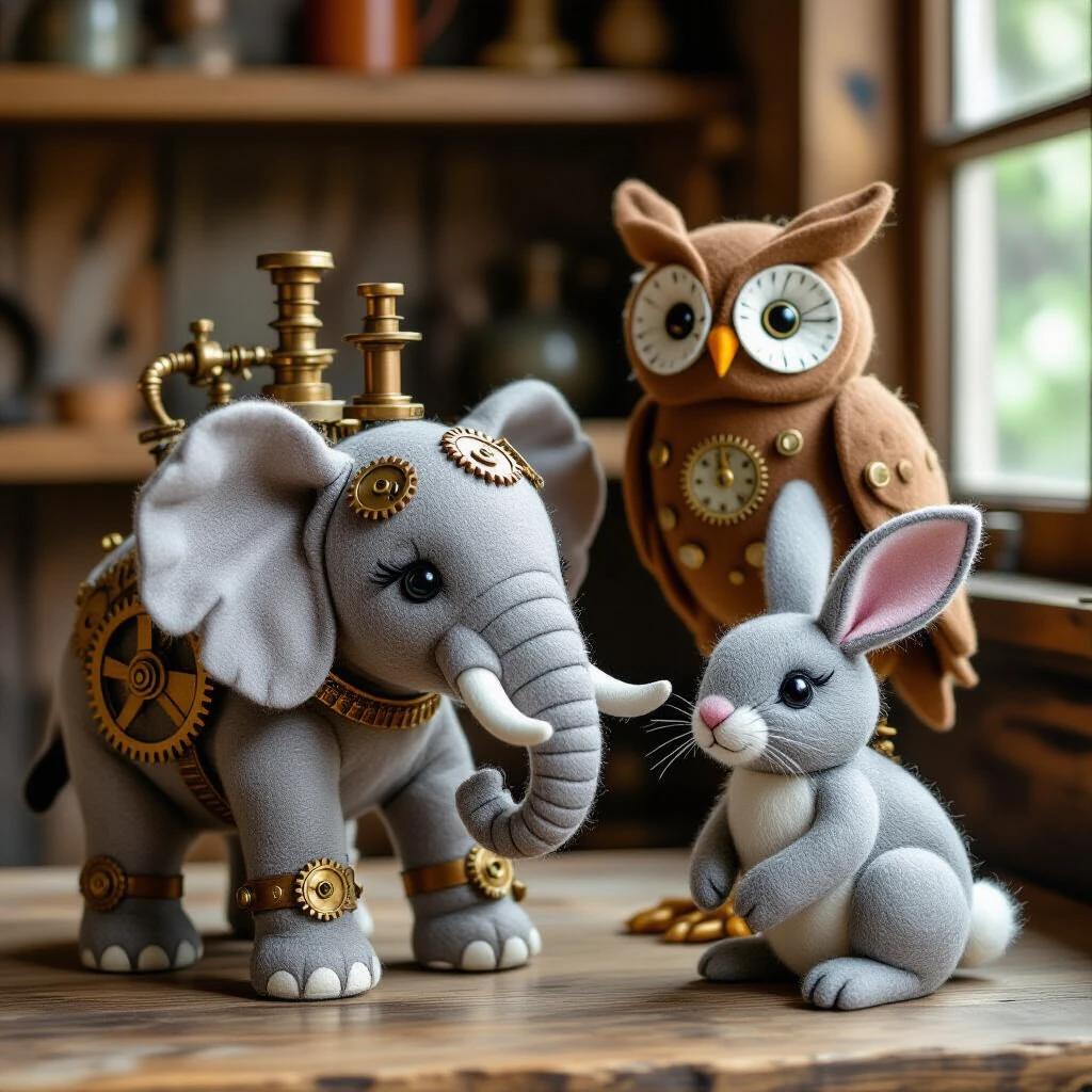 Collection of felt animals featuring steampunk elements. Elephant with bronze gears and copper pipes. Owl with brass wings and felt cogs. Rabbit with silver springs for legs. Animals display skilled craftsmanship and layered mechanics. Aesthetic depicts Victorian workshop with industrial craft fusion.