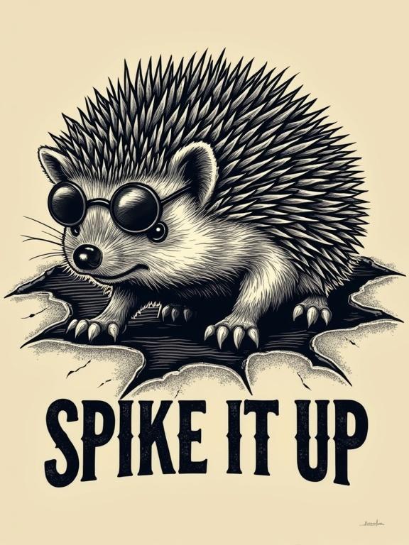Classic wood-block style illustration of a spiky hedgehog wearing sunglasses. Hedgehog rolls through a jagged tear. Quills flare prominently. Slogan SPIKE IT UP displayed in bold distressed font underneath. Off-white ink and textured shading. Cracked paper edges.