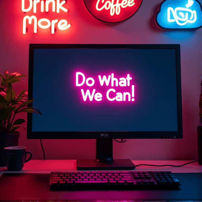 A computer monitor displays the motivational message 'Do What We Can!' in bright neon pink, surrounded by colorful neon signs and lively plants on a desk.