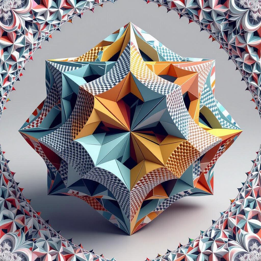 Generate a two-dimensional interpretation of a three-dimensional polygonal object. Highlight vibrant colors and intricate patterns.