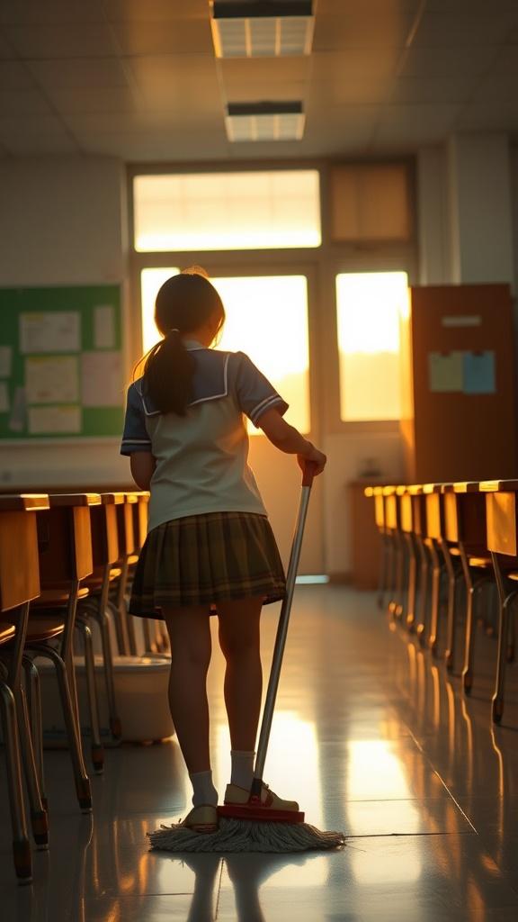 This image captures a poignant moment inside a classroom during sunset. In the foreground, a person in a school uniform, likely a student, is mopping the floor. The warm glow of the setting sun streams through large windows, casting long shadows and adding a serene ambiance to the scene. The combination of natural light and solitary activity gives the image a reflective and calm atmosphere.