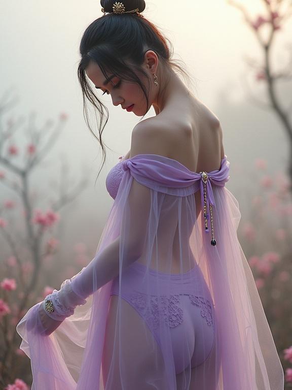 Misty dawn with a Chinese feudal battlefield background. Short petite princess bending her back. She wears light bracelet with gold accents. Ethereal yet battle-ready. Flowing sheer off-shoulder cape with thigh slit. Cherry blossoms falling around. Light purple flower pattern undies visible. Dark hair styled traditionally with golden hairpin. Soft light through clouds. Full body captured at ultra low angle.