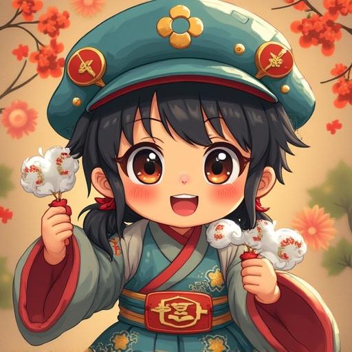 A child holding two cotton candy pops. The child is wearing a cute traditional outfit. The background has colorful flowers and a light pastel tone. The scene is cheerful and vibrant.