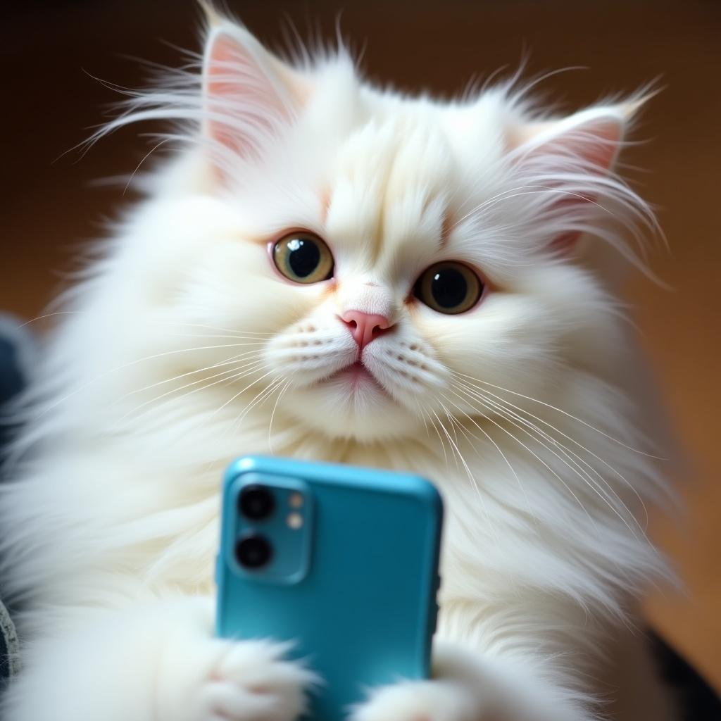 Fluffy white cat posing with a blue smartphone. Cat has expressive eyes. Background is softly blurred.