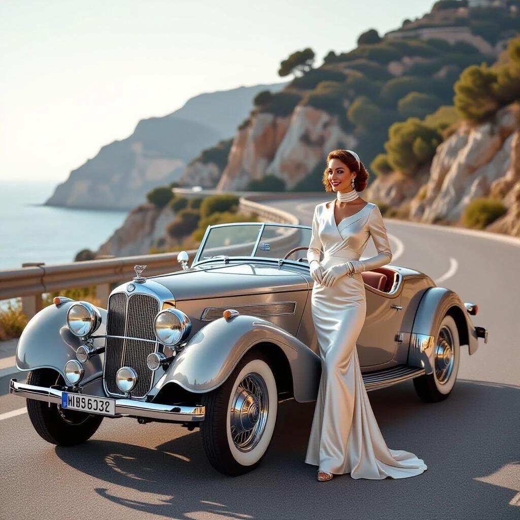 1936 roadside scene featuring a large silver BMW 328 Roadster on a coastal highway. The roadster has a closed hood with propped independent panels. Steam wisps rise from the radiator. A woman wearing a silk driving suit and scarf stands confidently by the car, adjusting her driving gloves. Backdrop of Mediterranean cliffs during golden hour. Shot with a Leica III camera.
