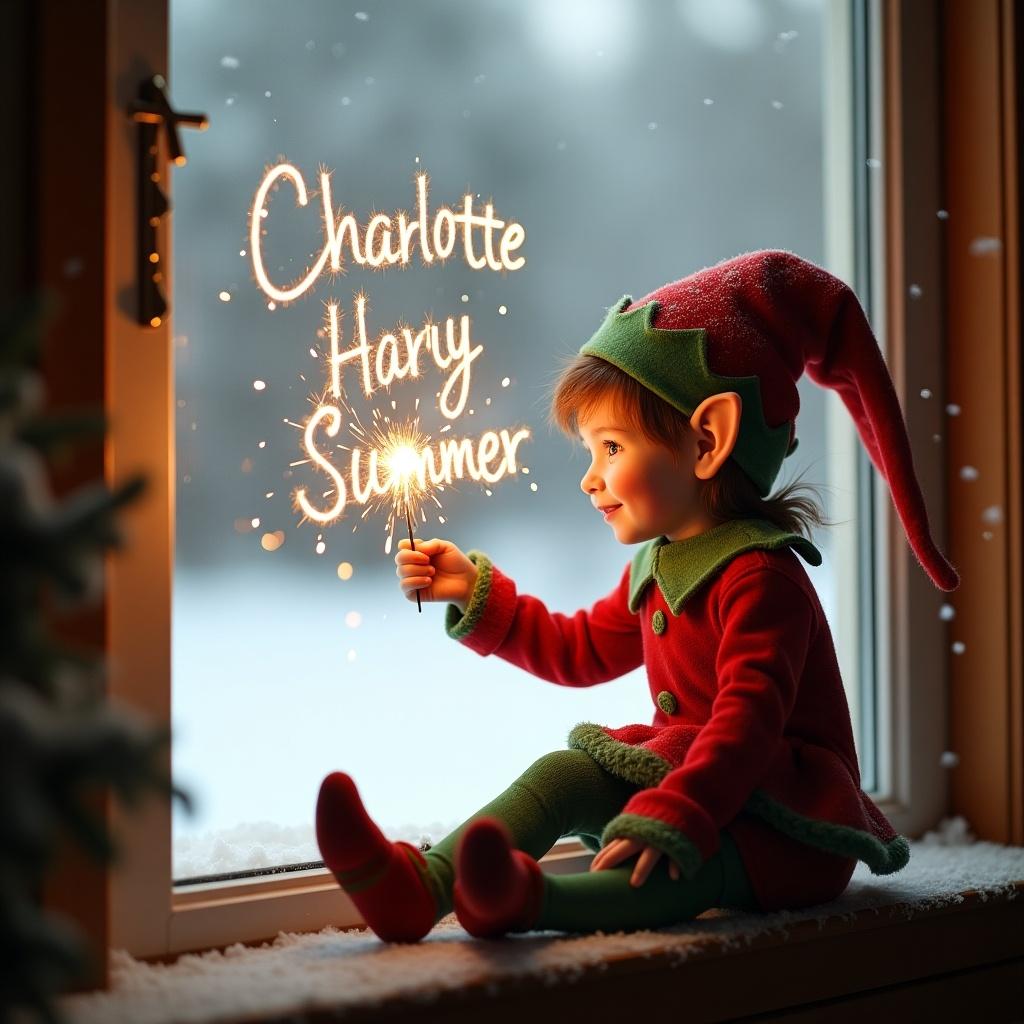 A cute elf on the shelf girl writes names with a sparkler sitting on a window ledge. Snow is visible outside.