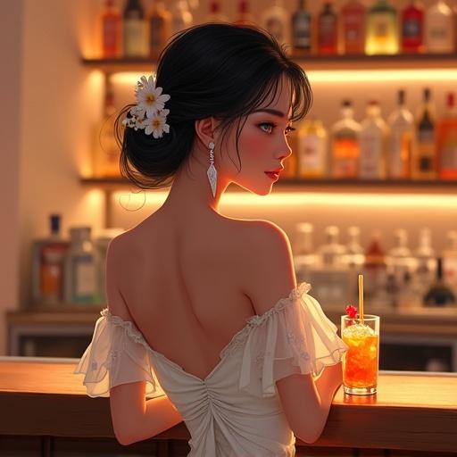 Beautiful east asian woman stands at a stylish bar. She wears a white off-shoulder dress with floral patterns and sheer sleeves. Hair styled in an elegant updo with flowers. She holds a glass with an orange-colored drink. The bar has softly lit shelves with various bottles of alcohol. The scene has a cozy yet sophisticated ambiance. Digital painting with soft lighting and romantic mood.