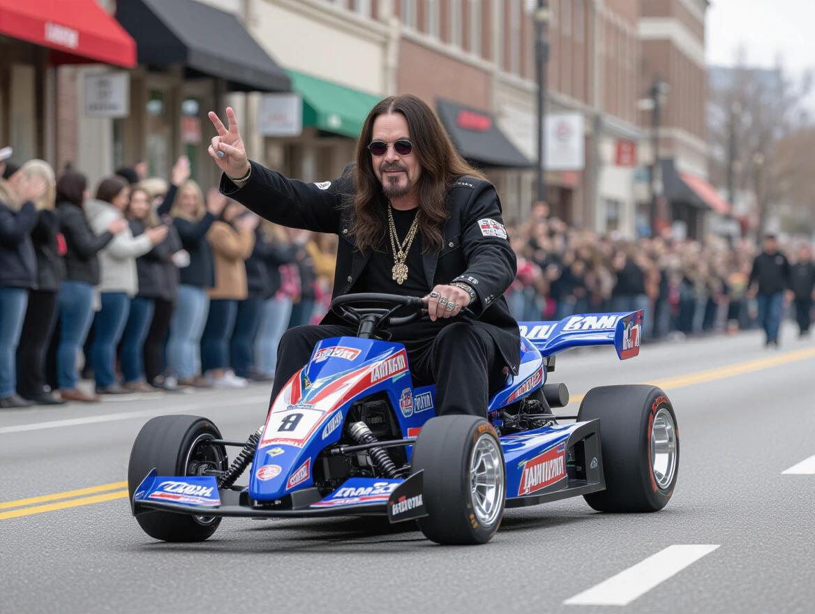 Ozzy Osbourne makes a rock on hand sign gesture while riding a human size Tamiya racing toy on the street. A crowd gathers to look at him as he rides, showcasing a lively parade atmosphere. The toy car is vividly designed, and Ozzy wears a stylish outfit with accessories.