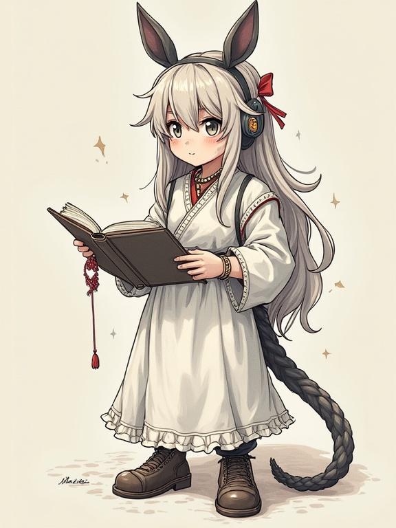 Anime character with long hair wearing a dress and headphones reading a book. Character has animal ears and a tail, depicted in a cute style.